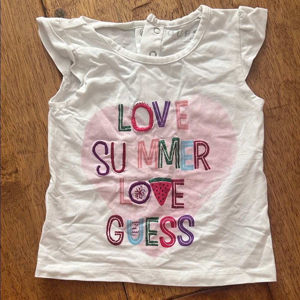 Guess Baby White Tee with Pink Heart and Multicolor 'Love Summer' Graphic